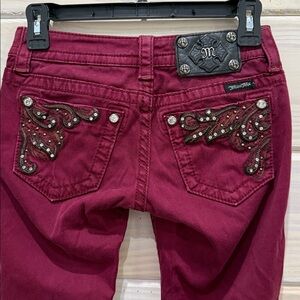 Miss Me Women's Skinny Jeans - Burgundy with Embellished Pockets